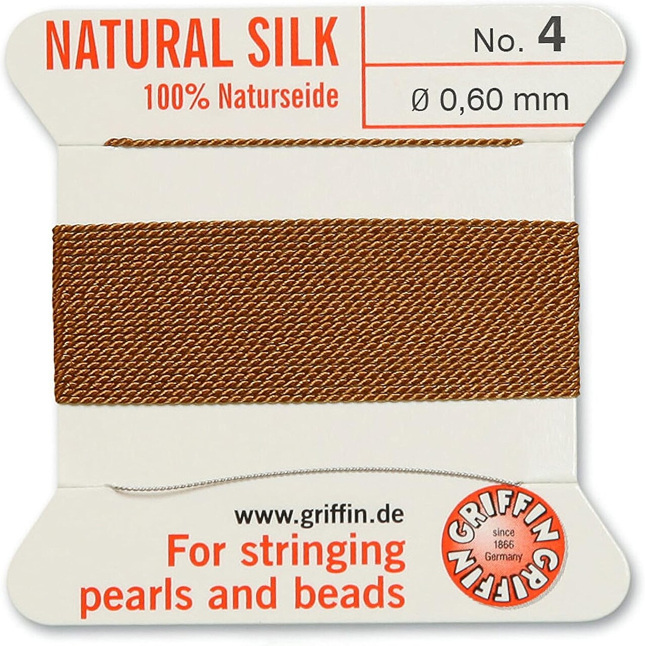 Griffin Silk Bead Cord Perlseide – Size 4 (0.60mm) – 2 Meters per Card – Stainless Steel Needle Attached – for Knotting Pearls, Gemstones, Crystals and Beads